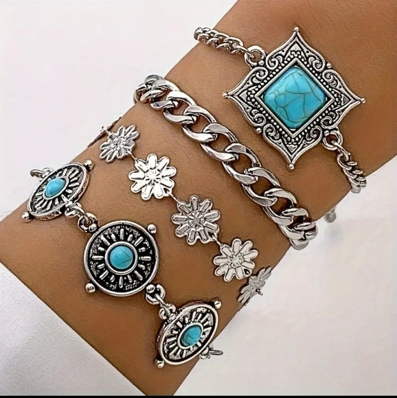 Vintage Boho 4-Piece Bracelet Set Tourquoise Inlaid Cuban Chain Carvings - Picture 1 of 5